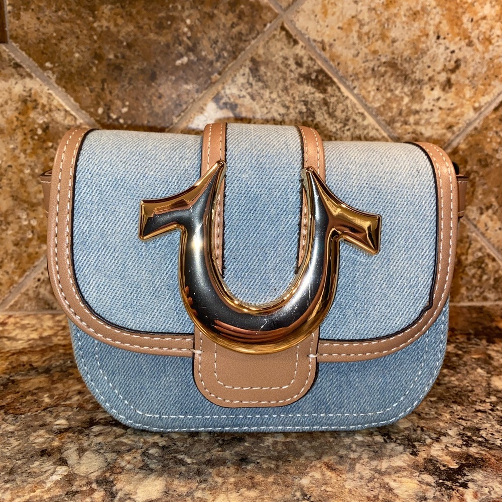Blue and Tan Crossbody Bag with Flap Closure